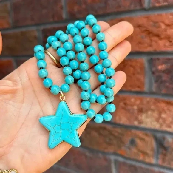 Turquoise Star Natural Stone Beads Bohemian Western Necklace - Picture 5 of 10